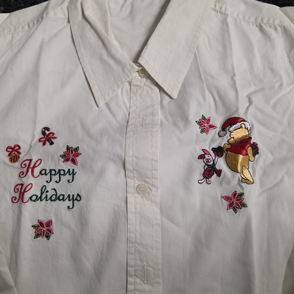 Holiday Embroidered White Button-Up Shirt